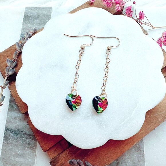 New Gorgeous Long Crystal Heart Chain Earrings | Handmade in BC - Picture 4 of 4